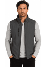 A men's vest in dark grey, featuring a zip and pockets, worn over a light-coloured shirt. It has a logo.