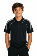 A polo shirt for kids in black with grey accents, featuring a collar and short sleeves. It has a logo on the chest.