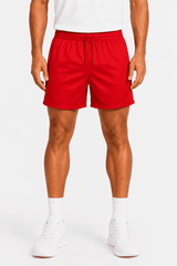 Red rugby men's shorts with an elastic waistband, featuring a logo on the garment.