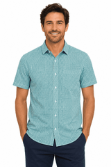 A short-sleeve button-up shirt in turquoise gingham pattern, featuring a collar and a front button closure.