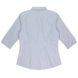 A light blue and white striped button-up shirt with 3/4 sleeves and a back view. Features a logo.