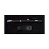 A black pen and a black USB flash drive, presented in a sleek black box with a textured interior. A black pen and a black USB flash drive, presented in a sleek black box with a textured interior.