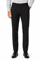 A pair of men's flat front pants in black, styled with a fitted look. The pants are paired with dress shoes.