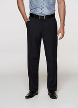 Flat front men's slacks in black, featuring a sleek design with pockets and a belt. Suitable for formal occasions.