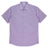 A short sleeve button-up shirt in light purple with a single chest pocket and a branded label. A short sleeve button-up shirt in light purple with a single chest pocket and a branded label.