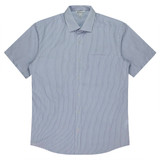 A short sleeve button-up shirt featuring a blue striped pattern and a chest pocket. It includes a logo on the label. A short sleeve button-up shirt featuring a blue striped pattern and a chest pocket. It includes a logo on the label.