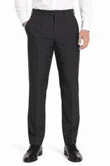 Pleated men's pants in dark grey, featuring a tailored fit and pockets, worn with a white shirt and black shoes.