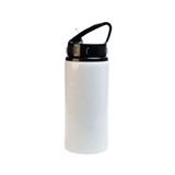 A drink bottle in white with a black flip straw lid and handle, featuring a logo on the body. A drink bottle in white with a black flip straw lid and handle, featuring a logo on the body.