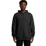 A black hoodie featuring a front pocket and a drawstring hood. The model stands facing forward.