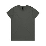 A dark grey t-shirt with a rounded neckline and a logo at the neckline. Simple and plain design.