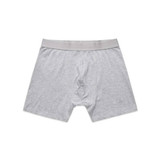 A pair of grey trunks with a grey waistband, featuring a smooth fabric and no visible designs.