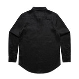 A black button-up shirt with long sleeves and a collar, featuring a back view and a logo on the label.