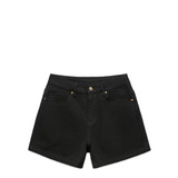 Black denim shorts with a classic five-pocket design and gold-tone button detailing. Features a branded logo.