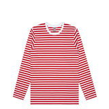 A long-sleeve tee in white with red horizontal stripes, featuring a round neckline and a branding logo. A long-sleeve tee in white with red horizontal stripes, featuring a round neckline and a branding logo.