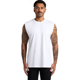 A sleeveless white tank top with a plain design, featuring a logo on the front.