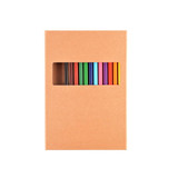 A cardboard box containing 12 coloured pencils in various shades, including orange, red, green, blue, and purple. A cardboard box containing 12 coloured pencils in various shades, including orange, red, green, blue, and purple.