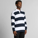 A rugby stripe polo shirt featuring navy and white horizontal stripes and a collar, displayed by a model.