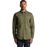 A work shirt in olive green featuring a button-down style and two chest pockets. The shirt has a logo on it. A work shirt in olive green featuring a button-down style and two chest pockets. The shirt has a logo on it.