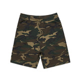 Camo shorts in green and brown with an elastic waistband and drawstring. Features a logo on the waistband.