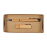 A bamboo pen and matching bamboo pen holder in a cardboard gift box. The set features natural tones. A bamboo pen and matching bamboo pen holder in a cardboard gift box. The set features natural tones.