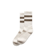 Two pairs of cream-coloured socks featuring brown stripes, designed for comfort. Each pair has a logo.