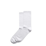 Two pairs of plain white socks displayed together, featuring a simple design and a logo on one sock.