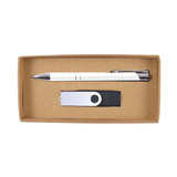 A cardboard gift set containing a white pen and a USB drive in green and black. A cardboard gift set containing a white pen and a USB drive in green and black.