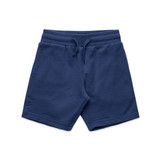 Navy blue kids' sports shorts with an elastic waistband and drawstring, featuring a logo. Navy blue kids' sports shorts with an elastic waistband and drawstring, featuring a logo.