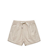 Light beige shorts with an elastic waistband and drawstring detail. Features a logo on the waistband.