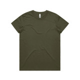 An olive green t-shirt with a crew neck, featuring a small logo on the label.