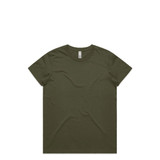 A plain olive green t-shirt featuring a round neckline and short sleeves, with a branding label.