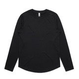A black long-sleeve t-shirt with a round neckline and a logo on the label. A black long-sleeve t-shirt with a round neckline and a logo on the label.