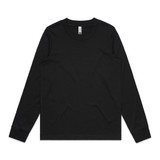 A black long-sleeve T-shirt with a round neckline and a logo. It has long sleeves and a simple design.