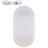 A white 2 in 1 pencil sharpener and eraser with a sleek, oval design and a logo. A white 2 in 1 pencil sharpener and eraser with a sleek, oval design and a logo.