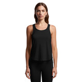 A black racerback tank top with a loose fit, featuring a logo on the chest area.