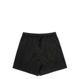 A pair of black sports shorts with an elastic waistband and drawstring, featuring a logo.
