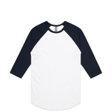 A Raglan Tee featuring a white body with navy blue sleeves. The shirt has a logo on it.