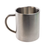 A drink mug in stainless steel with a smooth finish and a simple handle, featuring a logo on the side. A drink mug in stainless steel with a smooth finish and a simple handle, featuring a logo on the side.