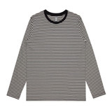 A long-sleeve T-shirt featuring black and white horizontal stripes with a black neckline and a logo.