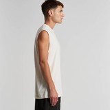 A side view of a men's beige sleeveless tank top, featuring a simple design and a logo.