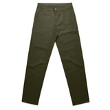 Utility pants in a dark olive green colour, featuring front pockets and a button closure. Includes a logo. Utility pants in a dark olive green colour, featuring front pockets and a button closure. Includes a logo.