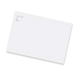 A rectangular matte sticker sheet in white, featuring multiple blank stickers with a curled edge in the top corner. A rectangular matte sticker sheet in white, featuring multiple blank stickers with a curled edge in the top corner.