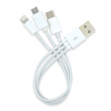 A white 3-in-1 USB charging cable featuring Micro, 8 Pin, and Type C connectors. A white 3-in-1 USB charging cable featuring Micro, 8 Pin, and Type C connectors.