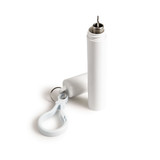 A white telescopic straw with a keychain attachment and a silver tip, featuring a simple design and a logo.