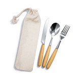A cutlery set featuring a knife, fork, and spoon with wooden handles, presented in a beige pouch.
