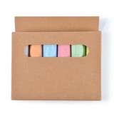 A box of five pieces of pavement chalk in pastel colours: pink, blue, green, orange, and yellow, with a window cutout.