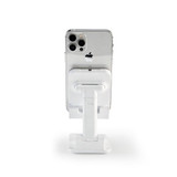 A white phone stand supports a smartphone, featuring a sleek design with a stable base and adjustable arm.