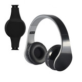 A pair of sleek black Bluetooth headphones with a shiny finish and cushioned ear pads, shown alongside a matching case. A pair of sleek black Bluetooth headphones with a shiny finish and cushioned ear pads, shown alongside a matching case.