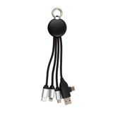 A charging cable with a round black holder and multiple connectors, including USB and Lightning.