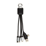 A black charging cable with multiple connectors, including USB-C and Micro-USB, attached to a keyring.